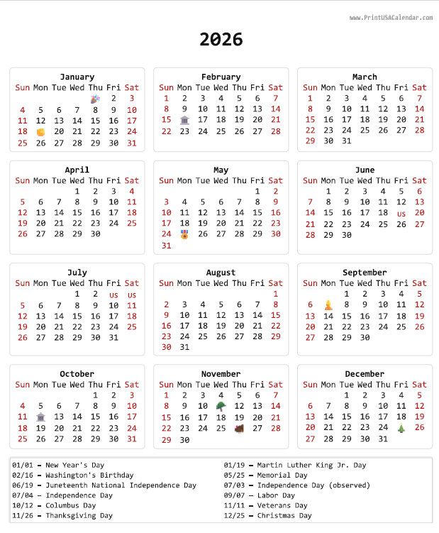 Classic Free Printable 2026 US Calendar (Single-Page A4 PDFs)