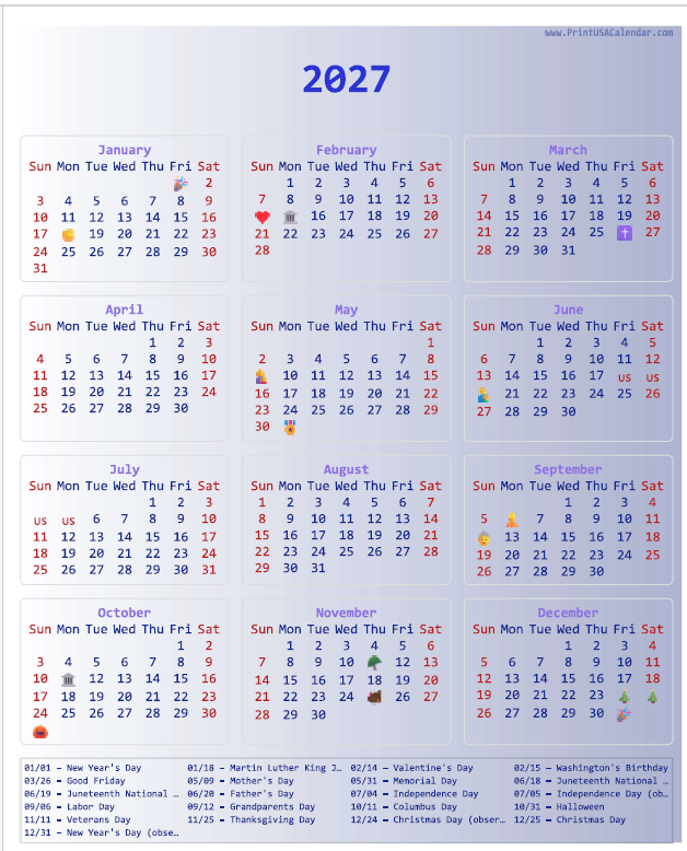 Colorful Free Printable 2027 US Calendar (Single-Page A4 PDF)