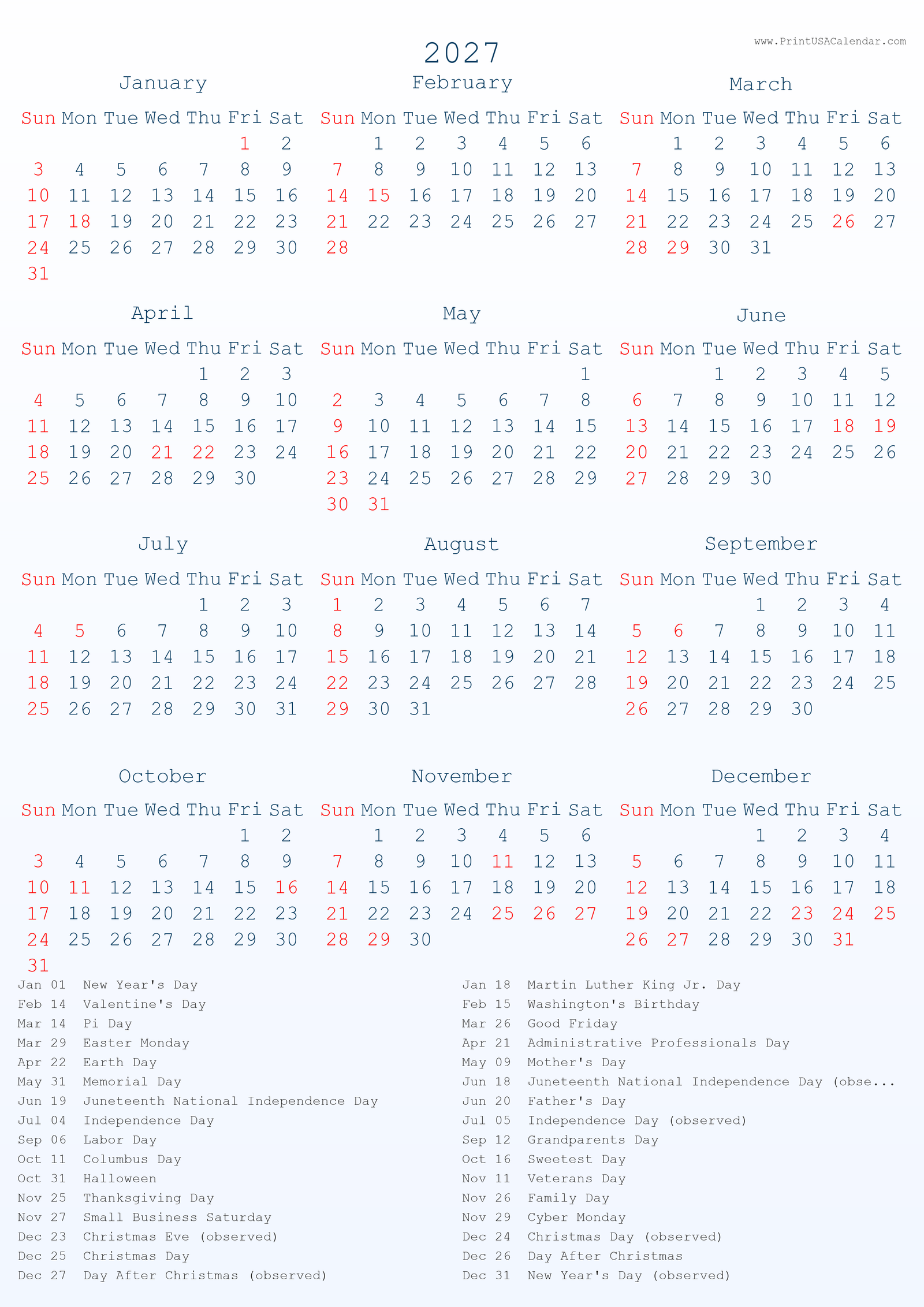 Free Printable 2027 Single Page A4 US Calendar With Holidays