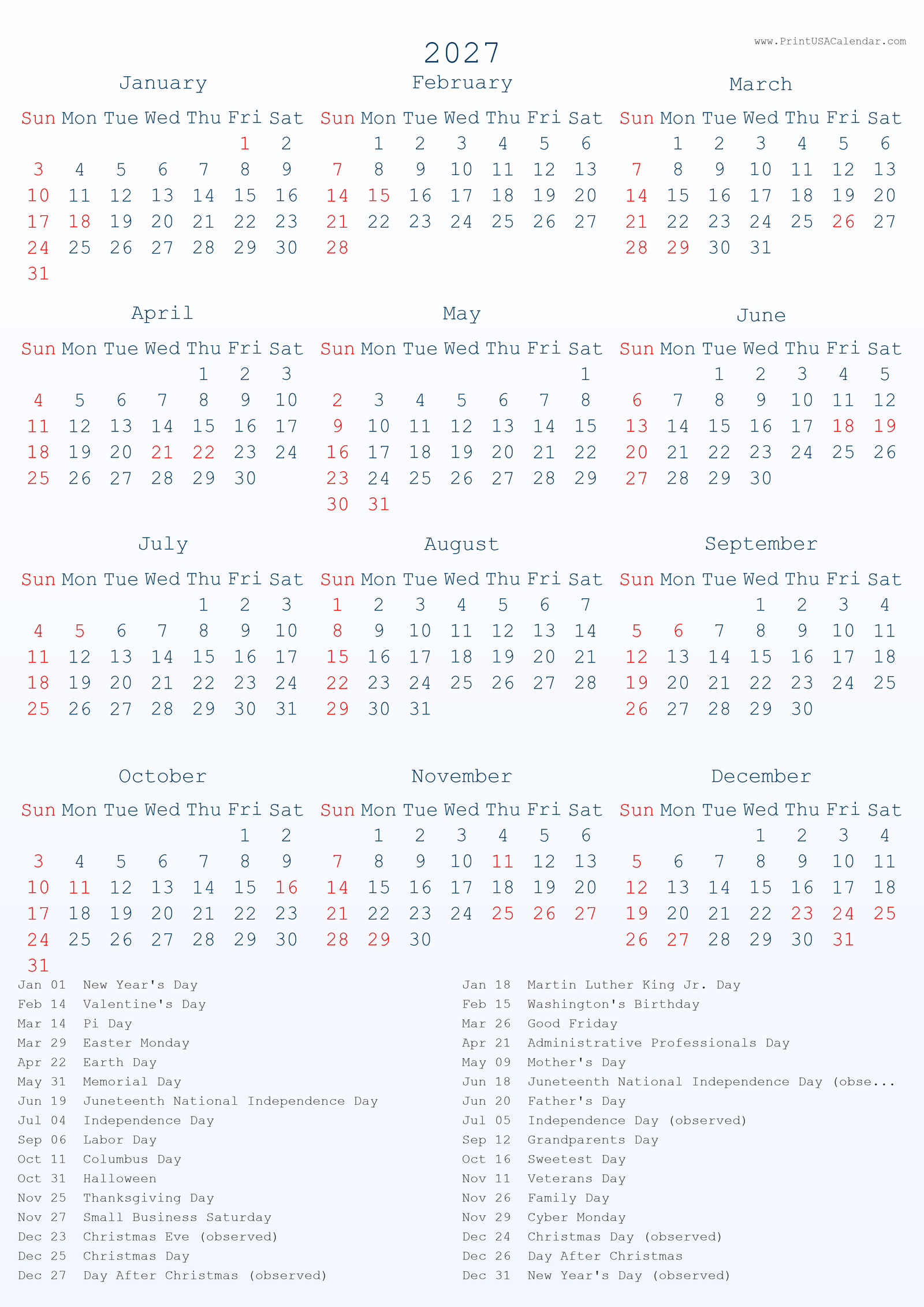 Printable 2027 US Calendars with holiday (PNG)