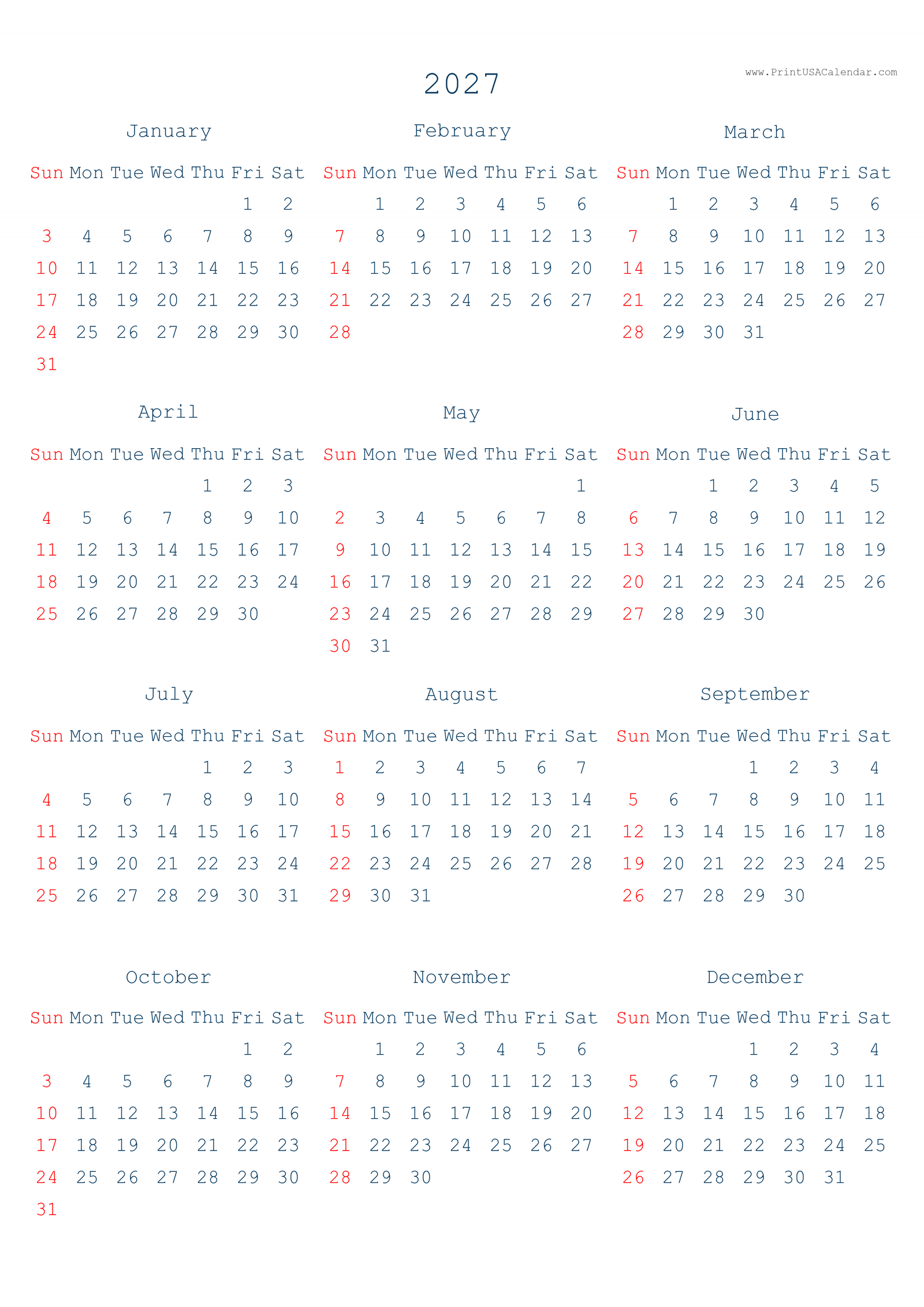 Simple Printable 2027 US Calendars (PNG)