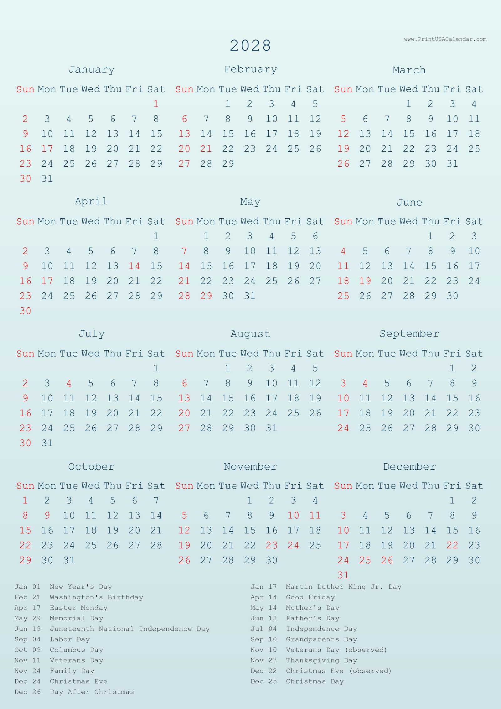 Printable 2028 US Calendars with holiday (PNG)