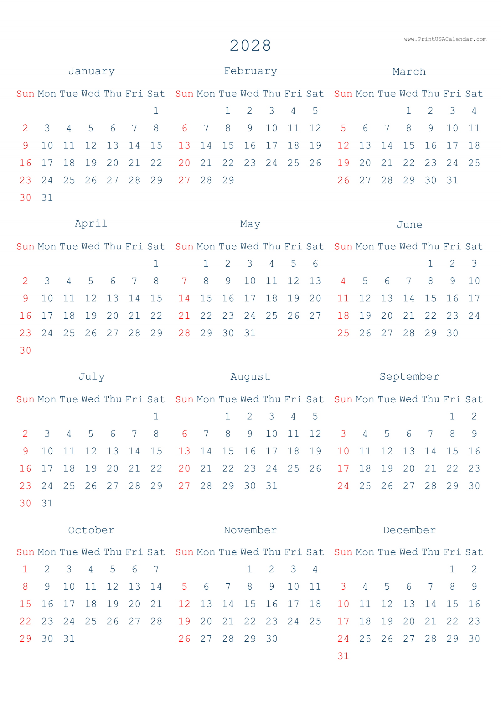 Simple Printable 2028 US Calendars (PNG)