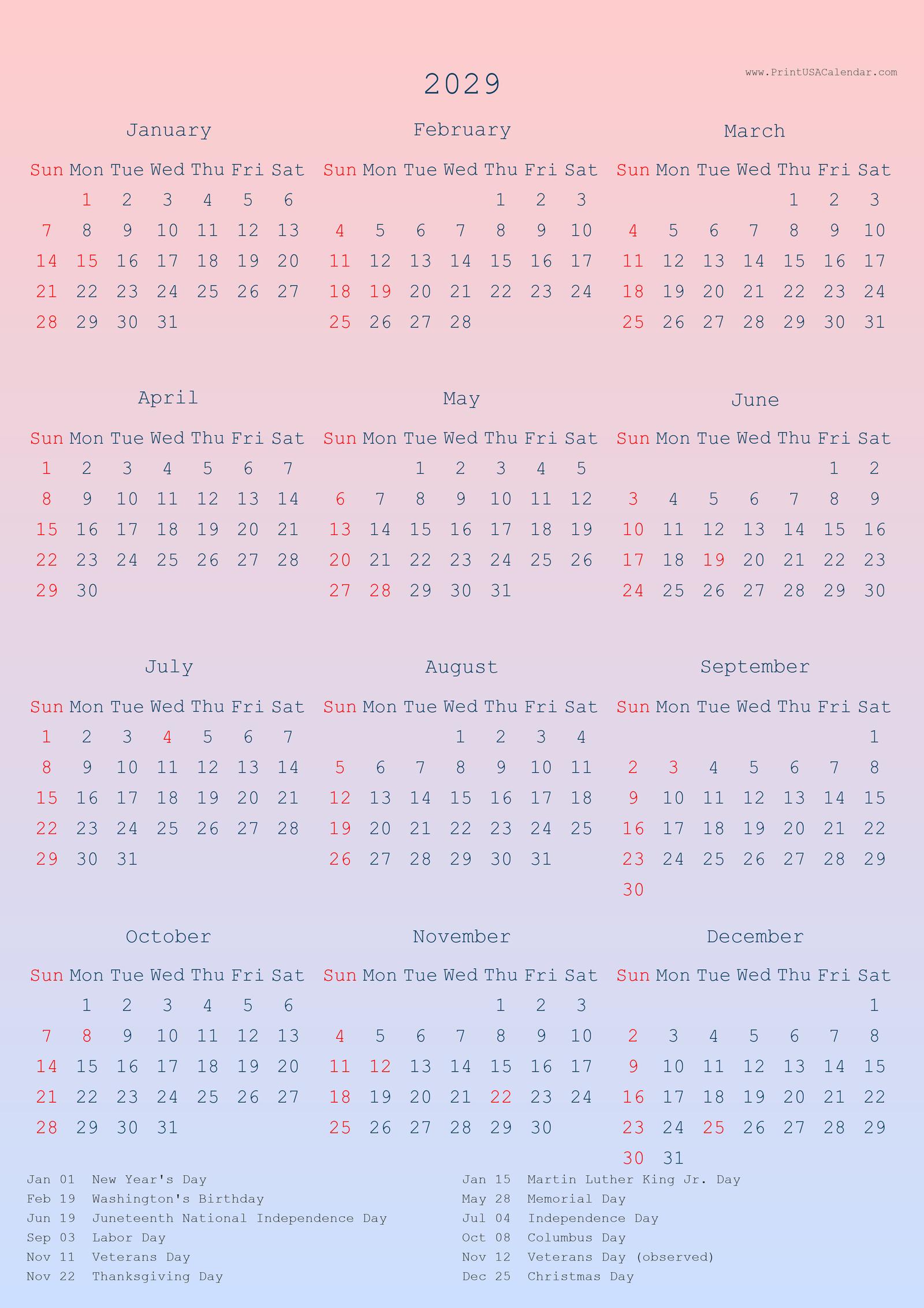 Printable 2029 US Calendars with holiday (PNG)