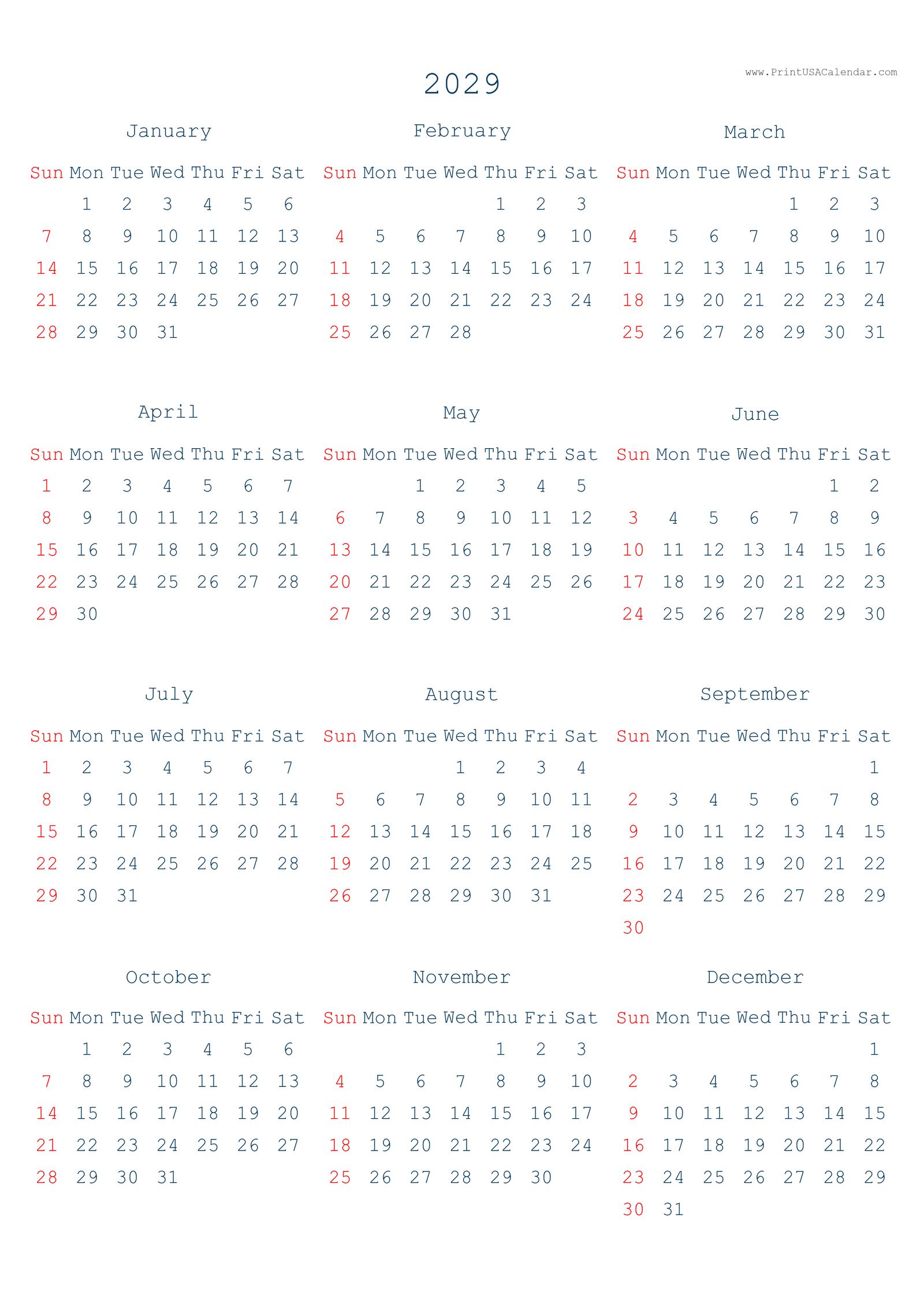 Simple Printable 2029 US Calendars (PNG)