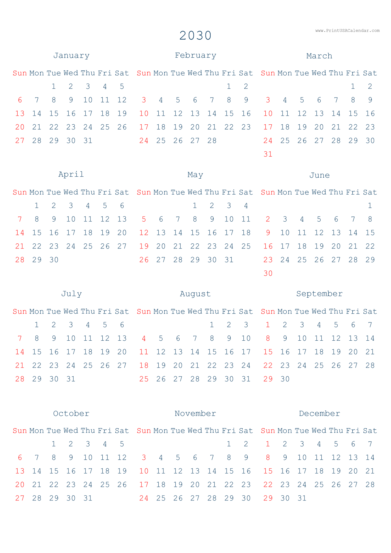 Simple Printable 2030 US Calendars (PNG)